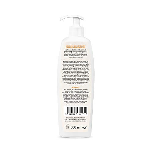 Marca Amazon - Solimo - Loción corporal nutritiva con aceite de almendras y extracto de miel (4x500ml)