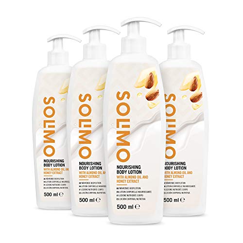 Marca Amazon - Solimo - Loción corporal nutritiva con aceite de almendras y extracto de miel (4x500ml)