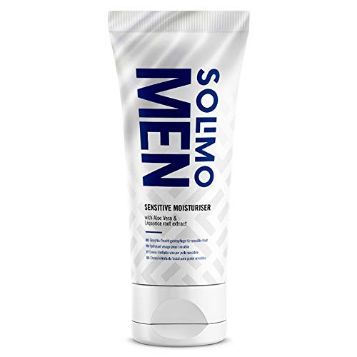 Marca Amazon - Solimo Men Crema hidratante facial Sensitive con aloe vera y extracto de raíz de regaliz, 4x75ml