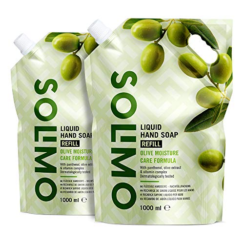 Marca Amazon - Solimo Recambio de jabón líquido para manos. Fórmula hidratante de oliva- Paquete de 2 (2 Recambios x 1000ml)