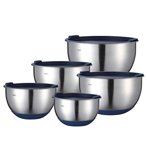 Mari Chef Set 5 Tazones de Mezcla Acero Inoxidable | Ensaladeras 1L-2L-2.5L-3L-4.5L | Cuencos con Rallador, Base de Silicona Antideslizante y Tapas | Preparación de Ensaladas, Recetas y Almacenamiento