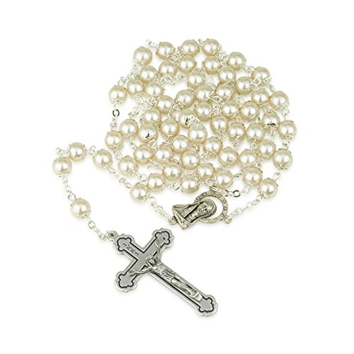 Marina Jewelry Pintado a Mano Collar de Cristal de Perlas Rosario Virgen maría Centro Plateado crucifijo para Hombre