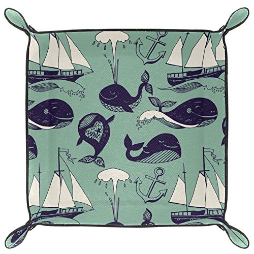 Marine Yachts Funny Whales Carefree Sunny Voyage - Bandeja de cuero para mesita de noche, organizador para guardar llaves, monedero, caramelo, etc.