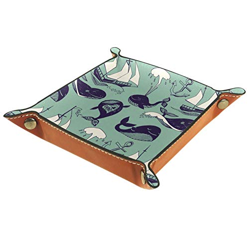 Marine Yachts Funny Whales Carefree Sunny Voyage - Bandeja de cuero para mesita de noche, organizador para guardar llaves, monedero, caramelo, etc.