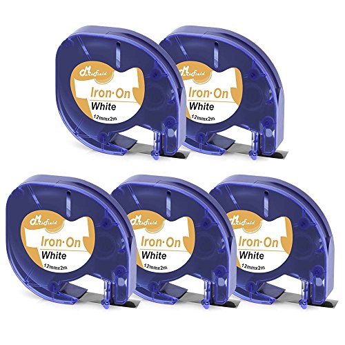 MarkField Cinta de Planchado Compatible para usar en lugar de Dymo LetraTag Iron on Fabric Etiquetas Textiles, Negro sobre Blanco para Dymo LetraTag LT-100H LT-100T LT-110T QX 50 XR 2000, 12mm x 2m