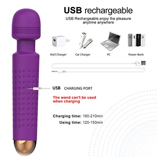 Masajeador de varita eléctrica inalámbrica, Melo Potente vibrante eléctrico de mano Varita de masaje mágico con 25 modos, Inalámbrico Impermeable Recargable Mujer Pareja Alivio del estrés (púrpura)