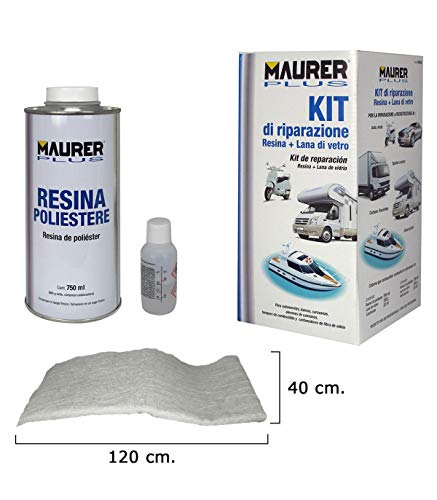 MAURER 14075025 Kit Reparación Resina Poliester 750 Ml Con Endurecedor y Fibra De Vidrio