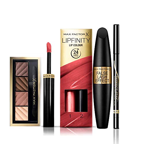 Max Factor Pack Look completo (Pinta Labios Tono 110-LipFinity Classic, Mascara de Pestañas False Lash Effect Negro, Sombra de Ojos Smoke Eye Drama Tono 10-Alluring Nudes, Long Lasting Kajal Tono 090)