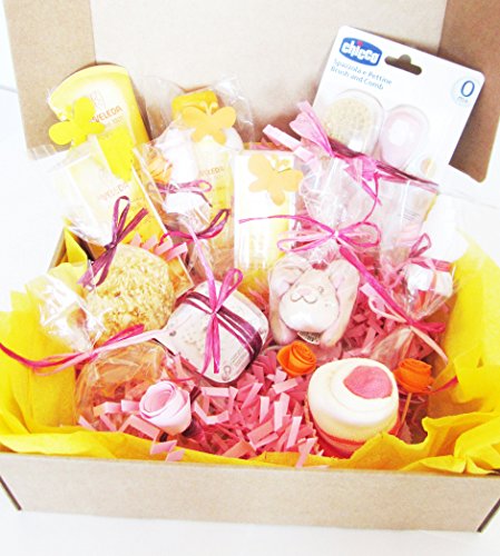 MAXI Canastilla Ecológica "Weleda BIO Baby Girl" | Set de Productos para recién nacidos con: 4 Cremas Weleda + Cupcake (Babero TOMMEE TIPPEE y Calcetines en Algodón) + Esponja natural SUAVINEX + Mordedor Refrigerante CANPOL BABIES + 2 Flores hechas con Ca