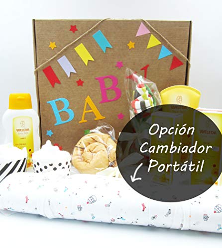 MAXI Canastilla para Bebés con Productos WELEDA, Mantita (o Cambiador portatil), Body, Calcetines y Pañales | Versión UNISEX, Ideal para Niñas y para Niños!