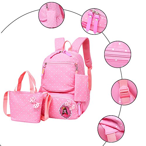 MCUILEE Conjunto de 3 Polka Dot Lindo Las Mochilas Escolares Universidad/Bolsas Escolares/Mochila niños niñas Adolescentes + Bolsa de Mano + Bolsa de lápiz, Rosa