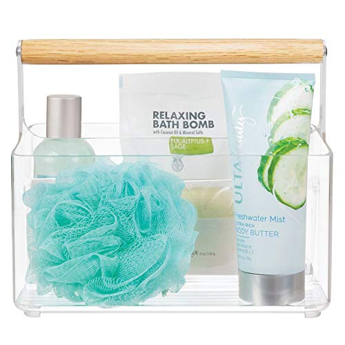 mDesign Caja organizadora para Cuarto de baño – Práctica Cesta con asa de Madera para el Almacenamiento de cosméticos – Organizador de baño portátil con 2 Compartimentos – Transparente/Natural