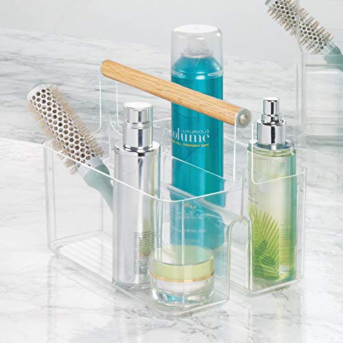 mDesign Caja organizadora para Cuarto de baño – Práctica Cesta con asa de Madera para el Almacenamiento de cosméticos – Organizador de baño portátil con 2 Compartimentos – Transparente/Natural