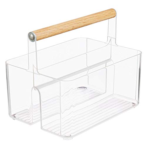 mDesign Caja organizadora para Cuarto de baño – Práctica Cesta con asa de Madera para el Almacenamiento de cosméticos – Organizador de baño portátil con 2 Compartimentos – Transparente/Natural