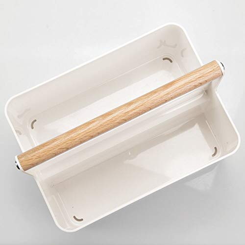 mDesign Cesta con asa para el baño – Caja organizadora con 2 compartimentos para cosméticos, maquillaje o pintaúñas – Organizador de cosméticos portátil de plástico con asa de madera – crema