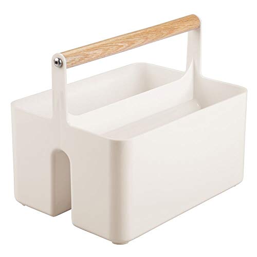 mDesign Cesta con asa para el baño – Caja organizadora con 2 compartimentos para cosméticos, maquillaje o pintaúñas – Organizador de cosméticos portátil de plástico con asa de madera – crema