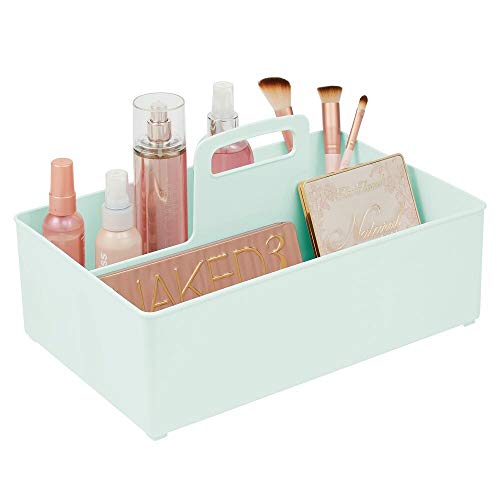 mDesign Cesta organizadora con 2 Compartimentos para el baño – Caja con asa para cosméticos, Maquillaje o Esmalte – Organizador de Maquillaje portátil de plástico – Verde Menta