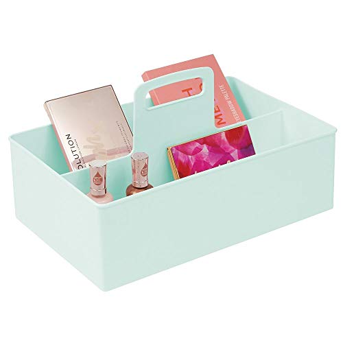 mDesign Cesta organizadora con 2 Compartimentos para el baño – Caja con asa para cosméticos, Maquillaje o Esmalte – Organizador de Maquillaje portátil de plástico – Verde Menta