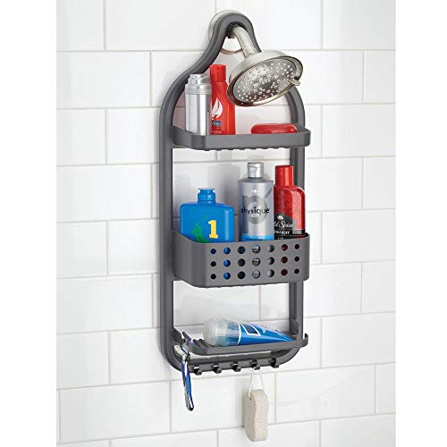 mDesign Estantería colgante para ducha – Práctico estante de baño sin taladro en plástico – Con 3 cestas de baño, 2 soportes para maquinillas y 5 ganchos para accesorios de ducha – gris oscuro