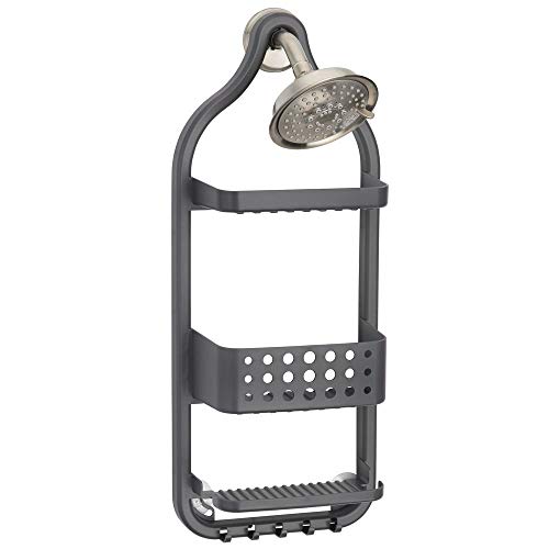 mDesign Estantería colgante para ducha – Práctico estante de baño sin taladro en plástico – Con 3 cestas de baño, 2 soportes para maquinillas y 5 ganchos para accesorios de ducha – gris oscuro