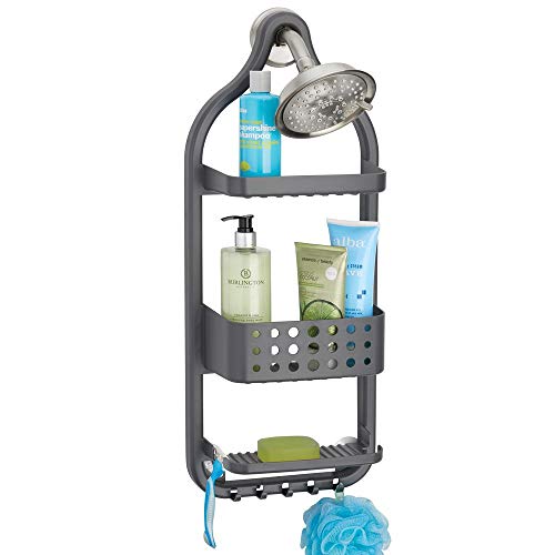 mDesign Estantería colgante para ducha – Práctico estante de baño sin taladro en plástico – Con 3 cestas de baño, 2 soportes para maquinillas y 5 ganchos para accesorios de ducha – gris oscuro