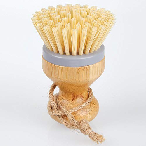 mDesign Juego de 2 cepillos de bambú para fregar platos – Cepillo redondo para lavar ollas, sartenes, platos y cubiertos – Brocha de cocina, adecuada para limpiar verduras – gris/natural