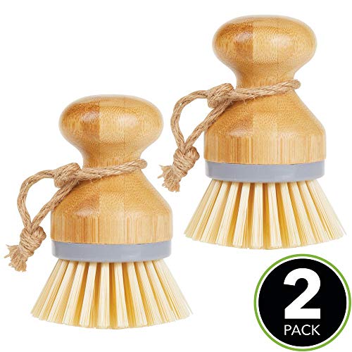 mDesign Juego de 2 cepillos de bambú para fregar platos – Cepillo redondo para lavar ollas, sartenes, platos y cubiertos – Brocha de cocina, adecuada para limpiar verduras – gris/natural