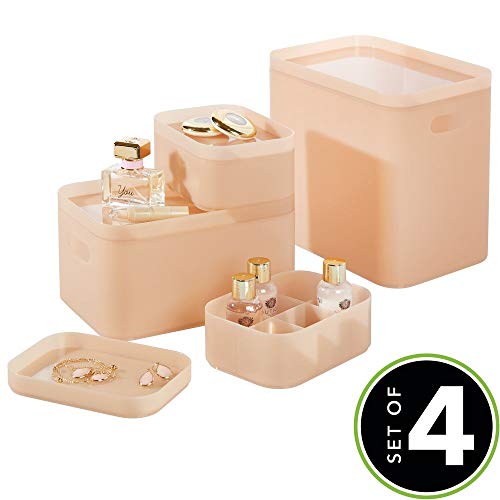 mDesign Juego de 4 organizadores de baño – Cajas para maquillaje redondeadas para almacenamiento de cosméticos – Cajas de plástico apilables con tapa para perfumes o joyas – rosa
