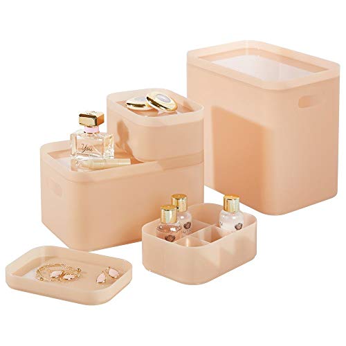 mDesign Juego de 4 organizadores de baño – Cajas para maquillaje redondeadas para almacenamiento de cosméticos – Cajas de plástico apilables con tapa para perfumes o joyas – rosa