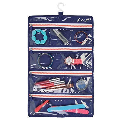 mDesign Neceser de Viaje para Colgar – Bolsa de Aseo Colgante en poliéster y plástico – Organizador de baño para Viaje con Cierre de Cremallera y Muchos Bolsillos – Azul Marino/Naranja/Blanco