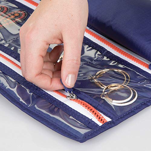 mDesign Neceser de Viaje para Colgar – Bolsa de Aseo Colgante en poliéster y plástico – Organizador de baño para Viaje con Cierre de Cremallera y Muchos Bolsillos – Azul Marino/Naranja/Blanco