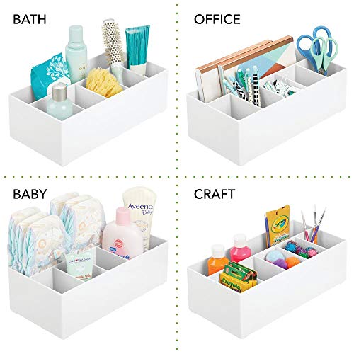 mDesign Organizador de cosméticos para el lavabo o el tocador – Caja organizadora de plástico libre de BPA para guardar el maquillaje – Moderna cesta de baño con 6 compartimentos – blanco