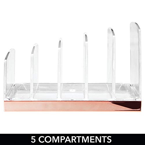 mDesign Organizador de maquillaje en plástico – Clasificador con 5 compartimentos para organizar maquillaje – Bandeja organizadora para lavabo, tocador o armario – transparente/dorado rojizo