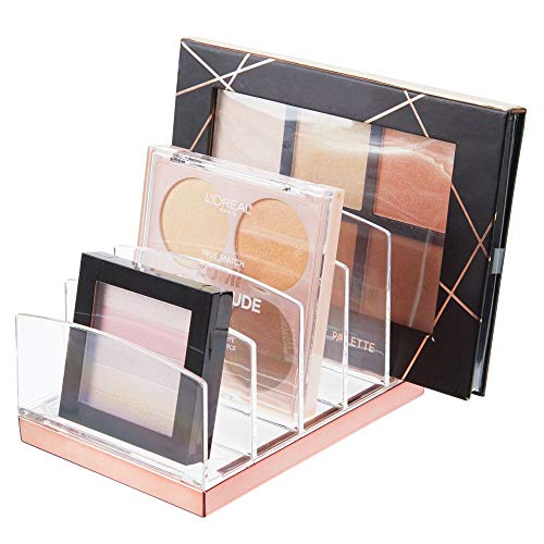 mDesign Organizador de maquillaje en plástico – Clasificador con 5 compartimentos para organizar maquillaje – Bandeja organizadora para lavabo, tocador o armario – transparente/dorado rojizo