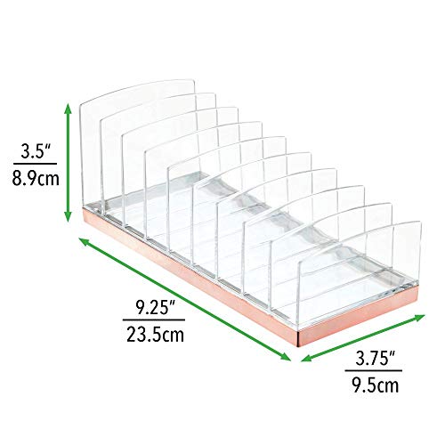 mDesign Organizador de maquillaje en plástico – Clasificador con 9 compartimentos para organizar maquillaje – Bandeja organizadora para lavabo, tocador o armario – transparente/dorado rojizo
