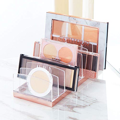 mDesign Organizador de maquillaje en plástico – Clasificador con 9 compartimentos para organizar maquillaje – Bandeja organizadora para lavabo, tocador o armario – transparente/dorado rojizo