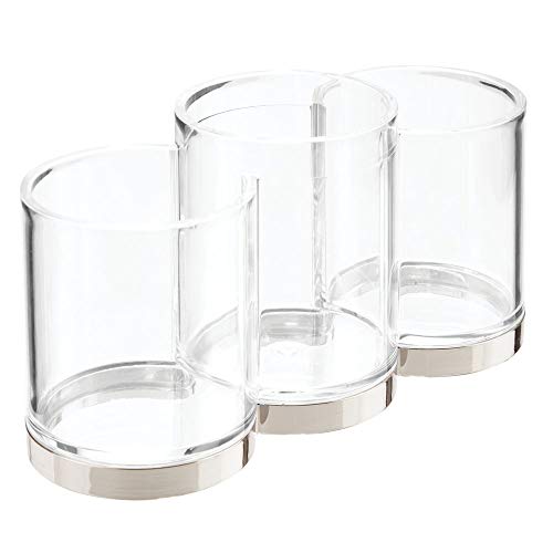 mDesign Práctico organizador de cosméticos – Sistema de organización decorativo para pinceles de maquillaje y rímel – Bote de plástico con 3 apartados para guardar maquillaje – transparente y plateado