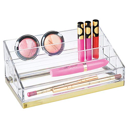 mDesign Práctico organizador de maquillaje – Caja para cosméticos decorativa para guardar pintaúñas y polvos – Bandeja organizadora con 4 compartimentos para maquillaje – transparente/dorado latón