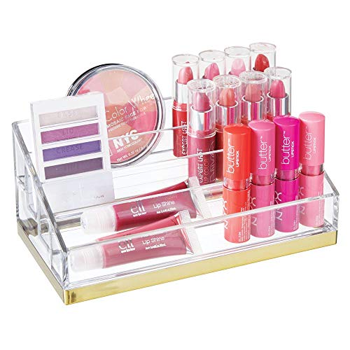 mDesign Práctico organizador de maquillaje – Caja para cosméticos decorativa para guardar pintaúñas y polvos – Bandeja organizadora con 4 compartimentos para maquillaje – transparente/dorado latón