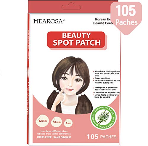 Mearosa - Parches de sanación de acné; cubierta absorbente, parche de manchas hidrocoloide, parche de belleza, 3 tamaños, aceite de árbol de té, todo tipo de piel (105 parches)