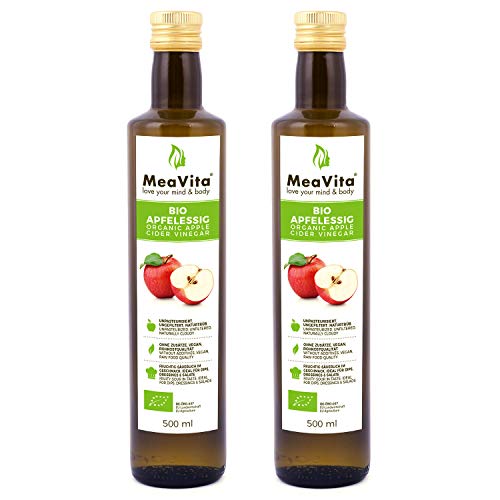 MeaVita Vinagre de Sidra Orgánico de Manzana, Natural Turbio y sin Filtrar con Nuez de Vinagre, 1000 ml (2 x 500 ml)