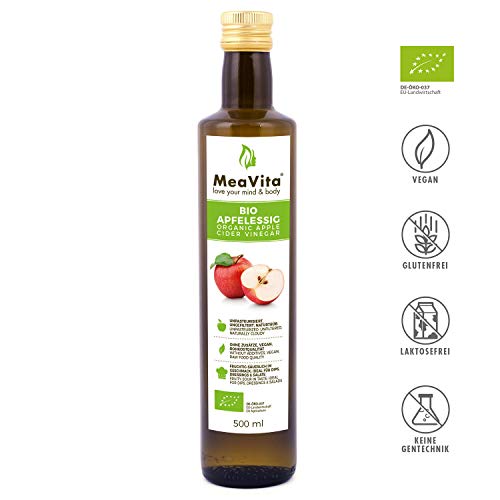 MeaVita Vinagre de Sidra Orgánico de Manzana, Natural Turbio y sin Filtrar con Nuez de Vinagre, 1000 ml (2 x 500 ml)