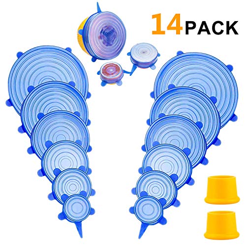 MECKILY Paquete de 12 Tapas de Silicona, Tapa de Silicona Estirable Tapa de Estiramiento Tapa de Silicona de Tapa Estirable en Diferentes tamaños Durable Reutilizable y Dos Tapas de Vino Tinto