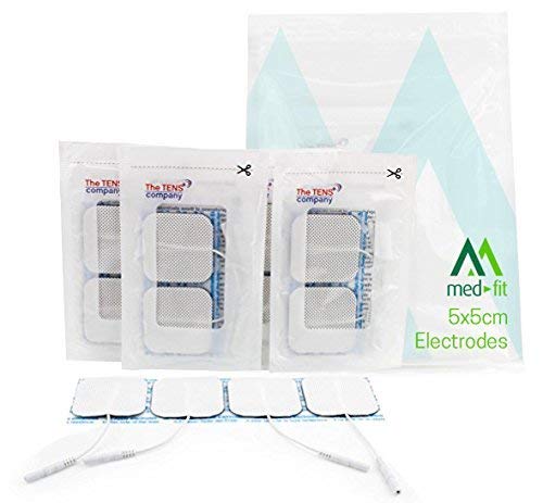 Med-Fit Almohadillas de electrodos autoadhesivos TENS / EMS. 12 tens electroestimulador parches de electrodos hipoalergénicos de larguísima duración de la más alta calidad. 5cm x 5cm, compatibles con prácticamente todos los modelos de estimuladores TENS y