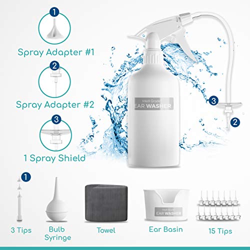 Medi Grade Kit Limpiador de Oídos - Sistema de Jeringa Oídos para Eliminar Cera con 16 en 1 - Bomba Limpia Oídos Segura - Cera Oidos Limpiador Eco-Friendly - Quitar Tapones Oidos