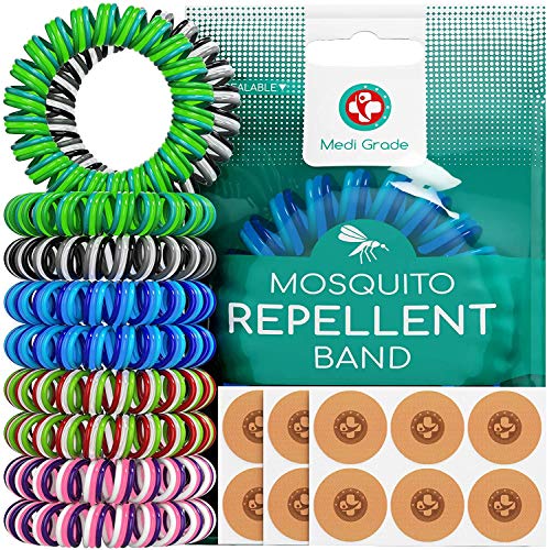 Medi Grade Pulseras de Goma Repelentes de Mosquitos [10uds] Parches Repelentes de Insectos [120uds] Primeras Pulseras Anti Mosquitos de Triple Espiral – De Plantas Naturales Sin DEET