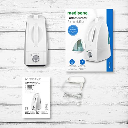 Medisana AH 660 Humidificador ultrasónico, purificador de aire para habitaciones de hasta 30m², nebulizador para dormitorios, sala de estar contra aire seco, 4,5 litros