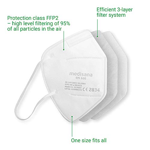 Medisana RM100 FFP2/KN 95 Mascarilla de protección respiratoria, Máscara antipolvo, Máscara antipolvo de 3 capas, Máscara facial 10 piezas empaquetadas individualmente en una bolsa de PE