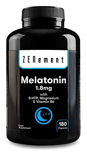 Melatonina 1,8 mg con 5-HTP, Magnesio y Vitamina B6, 180 Cápsulas | Ayuda con el insomnio o trastornos del sueño | Vegano, No-GMO, GMP, libre de aditivos, sin Gluten | de Zenement