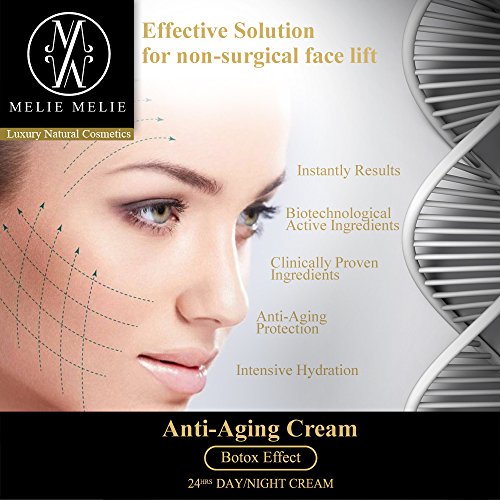 MelieMelie - Crema antienvejecimiento efecto botox, 50 ml, crema hidratante facial, crema reafirmante para cara y cuello con ingredientes activos biotecnológicos